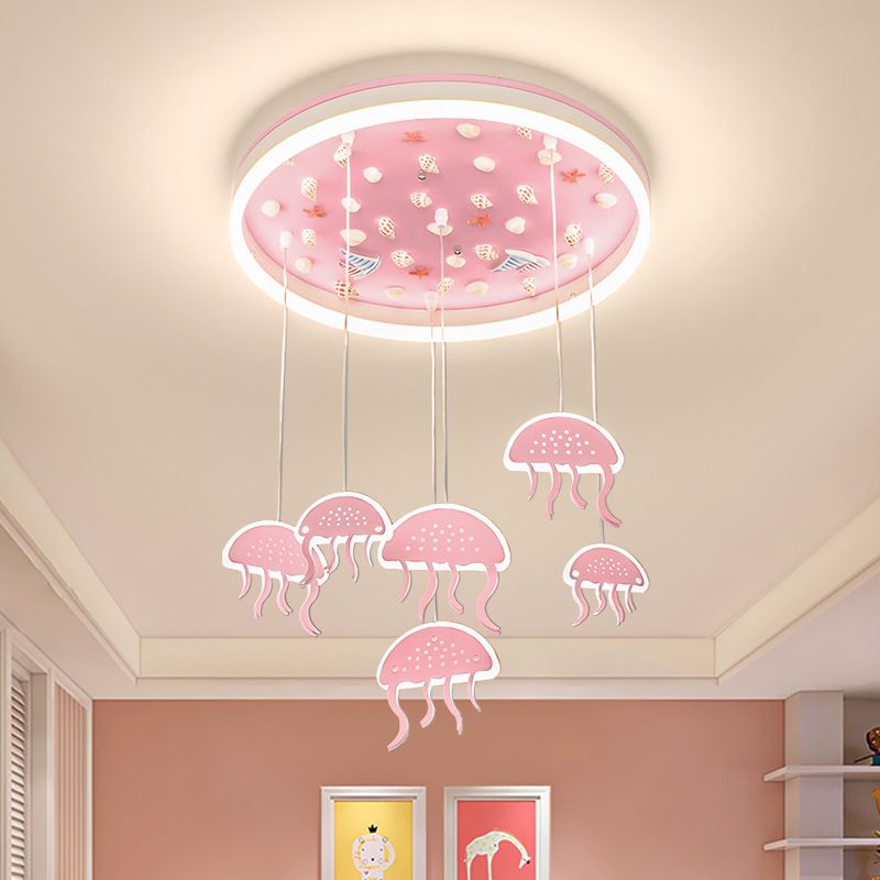 Kids Halo Ring Acrylic Flush Light LED Ceiling Mounted Lighting in Pink with Jellyfish Pendant and Seashell Decor
