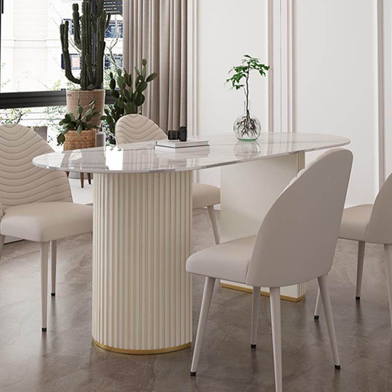 Metal Contemporary White Dining Table Marble Top Table with Double Pedestal