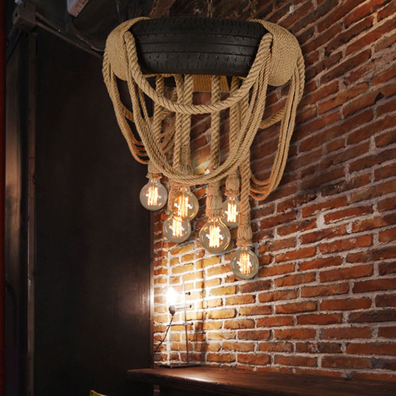 Rubber Tyre Down Lighting Warehouse 6 Lights Snack Bar Chandelier in Pink/Green/Brown with Rope Cord