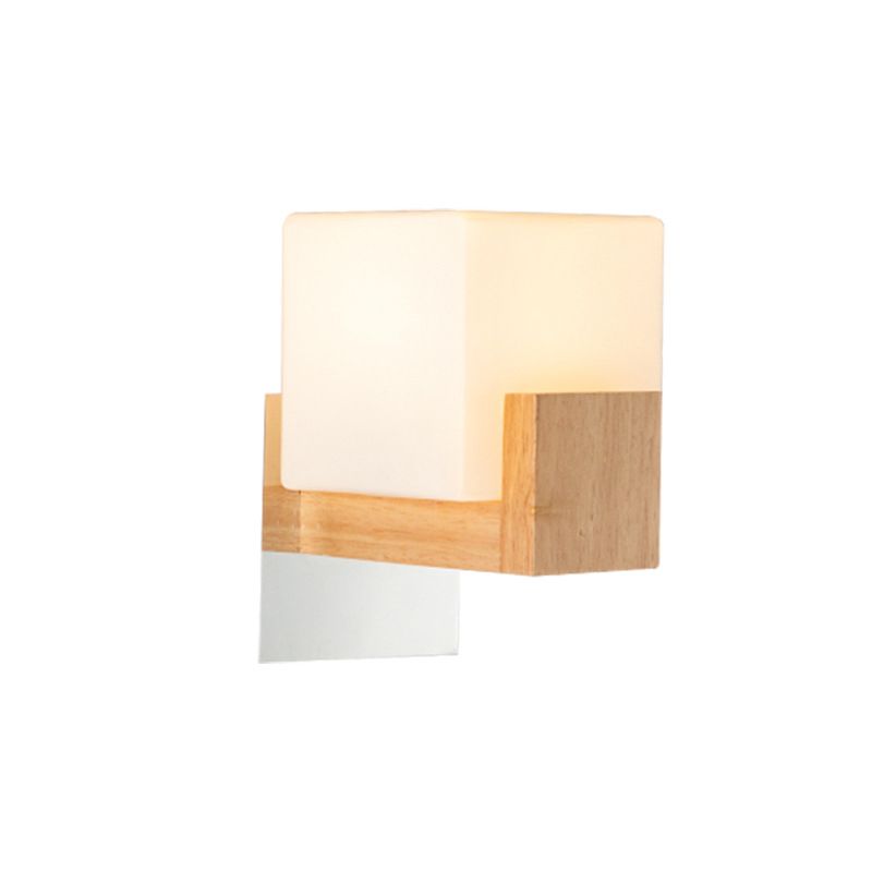 Cube Bedside Wall Sconce Lamp White Glass Single Modern Style Wall Lighting Fixture with Wooden Backplate
