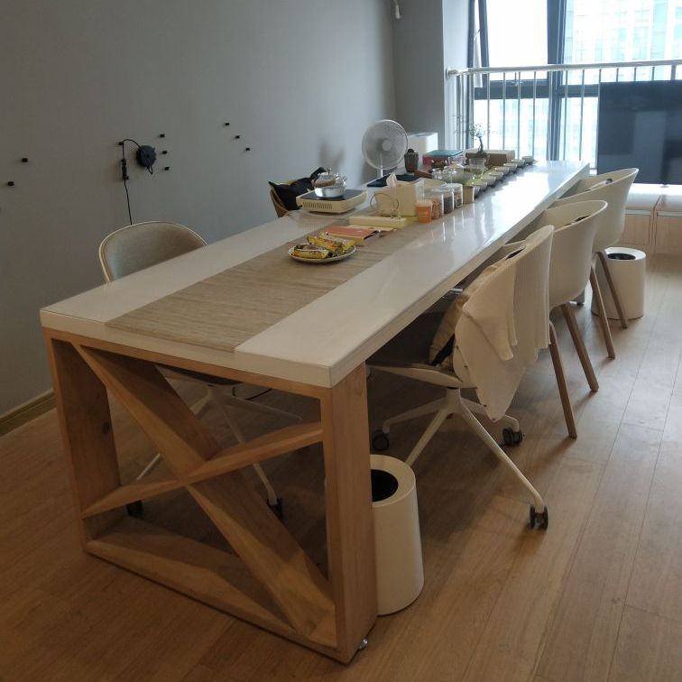 Mesa moderna de madera de pino para mesa blanca rectangular de restaurante con base de pedestal doble