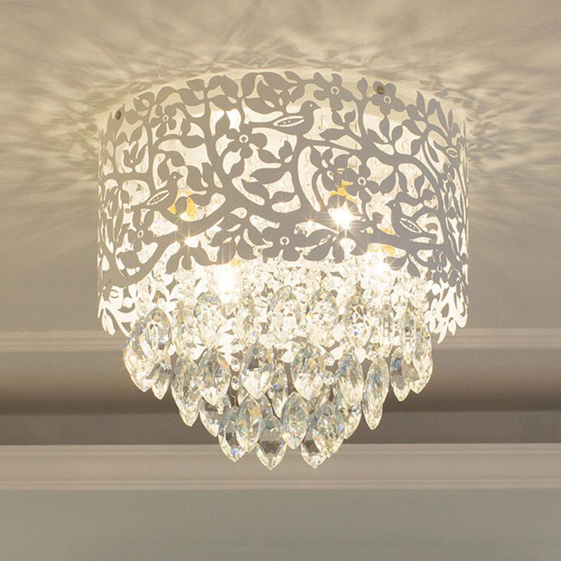 Tree Girls Bedroom Flush Mount Light with Crystal Leaf Metal Luxurious Ceiling Light in White