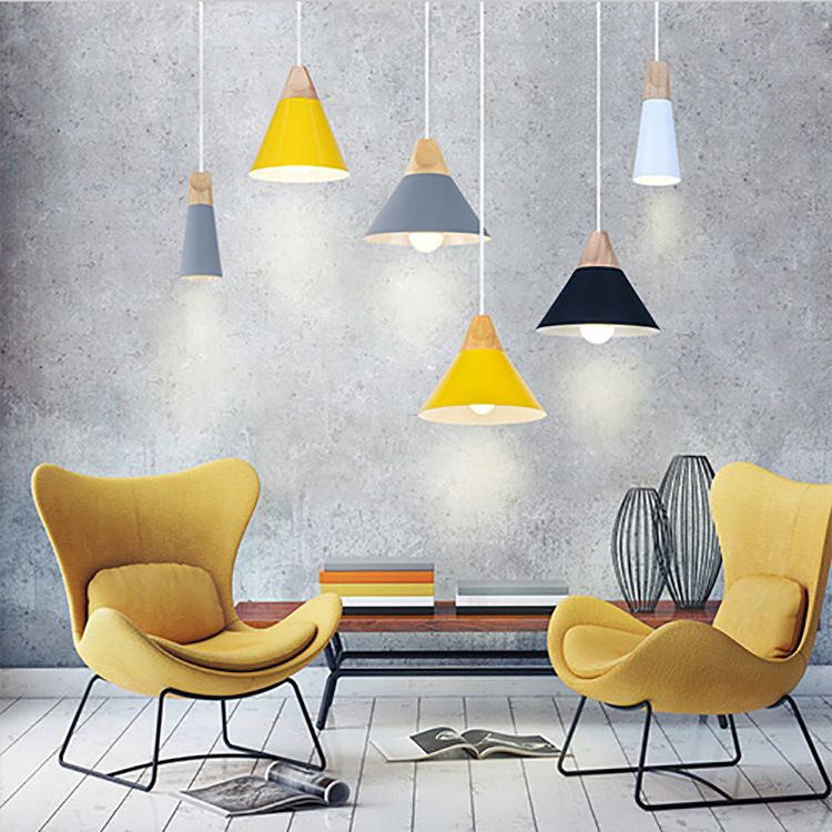 Single Head Coolie Pendant Light Modern Wood & Aluminum Black/Grey/Yellow/White Pendant Lamp for Bedroom
