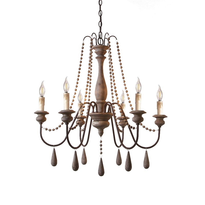 Bead Strand Hanging Chandelier Countryside Distressed Wood Suspension Lamp with Candelabra Design
