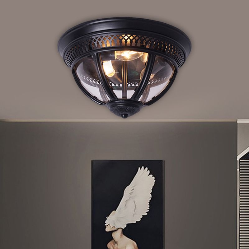 Antiqued Domed Semi Flush Lamp 1-Light Clear Glass Flush Mount Lighting with Pierced Trim Design in Brass/Brown