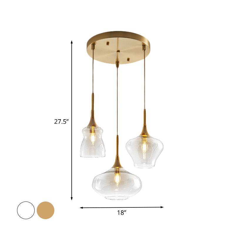 Clear/Cognac Glass Wavy Multi Ceiling Light Modernism 3 Bulbs Gold Hanging Pendant Lamp