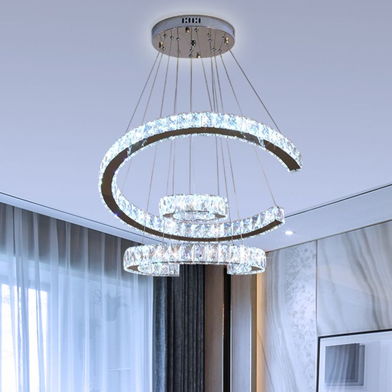 LED 3 Tier C-Shaped Chandelier Light Modern Stainless-Steel Clear Rectangular-Cut Crystals Ceiling Lamp, 21"/23.5" Wide