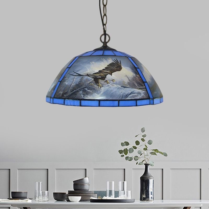Cut Glass Domed Hanging Light Kit Victorian 1 Bulb Yellow/Blue Pendant Lamp with Eagle Pattern for Dining Room