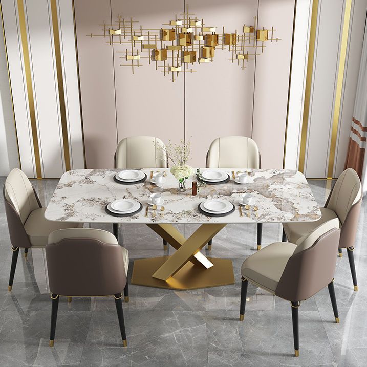 Mesa de lujo tradicional de metal, mesa interior rectangular de piedra sinterizada con pedestal