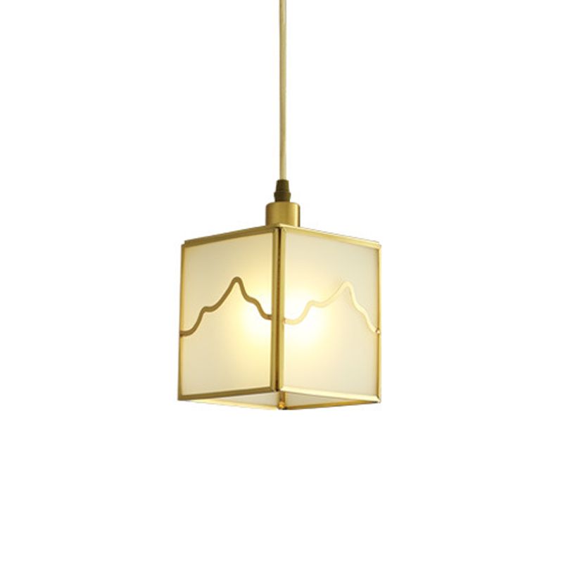 1-Light Cube Hanging Light Kit Minimalist Brass Finish Translucent Glass Suspension Lamp