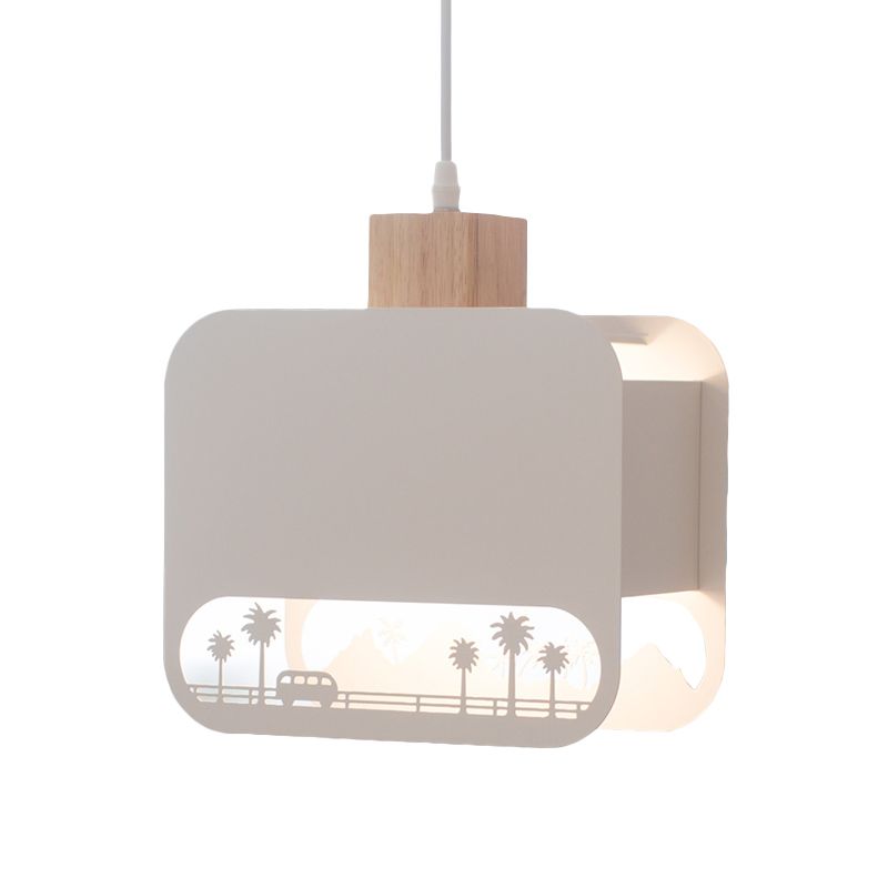 1 lampada da letto per camera da letto per bambini in lampadina Kit a sospensione Nordica bianca e legna con tonalità di ferro quadrata incisa