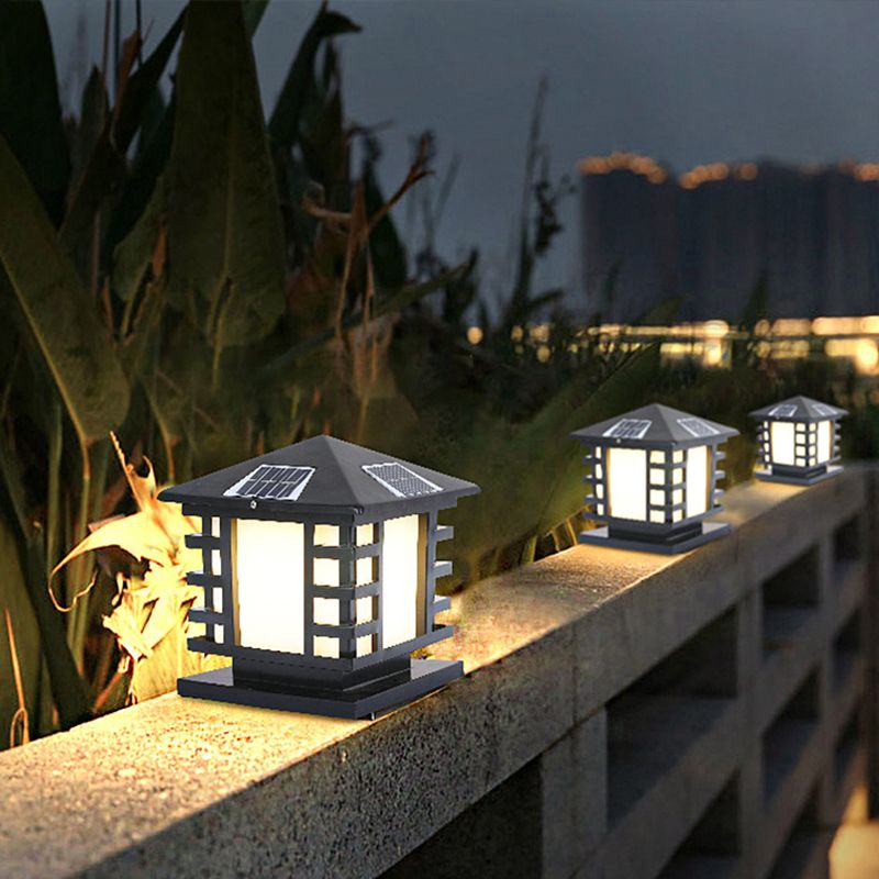 Metal Rectangle Solar Pillar Lamp Modern 1 Light Outdoor Waterproof Light in Black