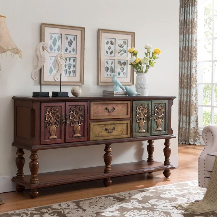 French Country Rectangle Console Table Rubber Wood Console Accent Table for Hall
