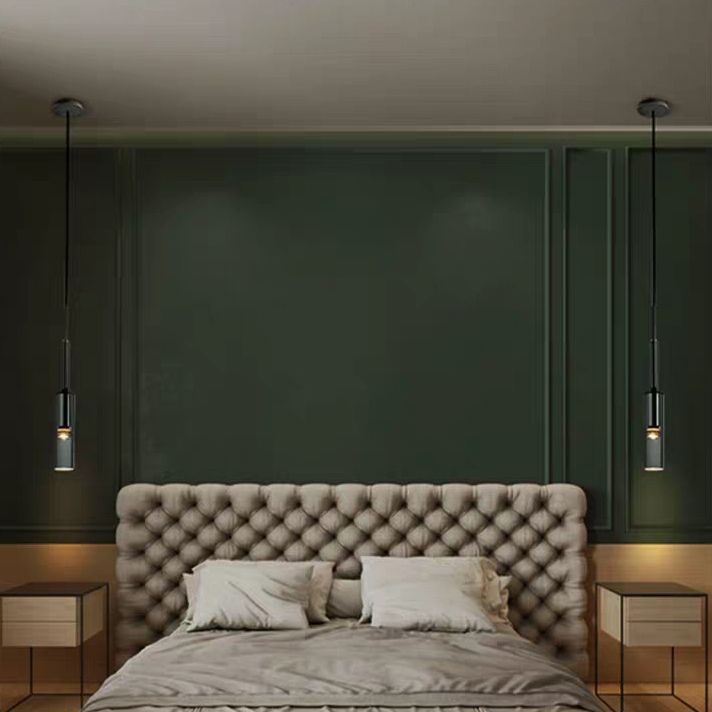 Luce a sospensione grigio in cristallo in moderna lampada a sospensione cilindrica di rame per sala da pranzo