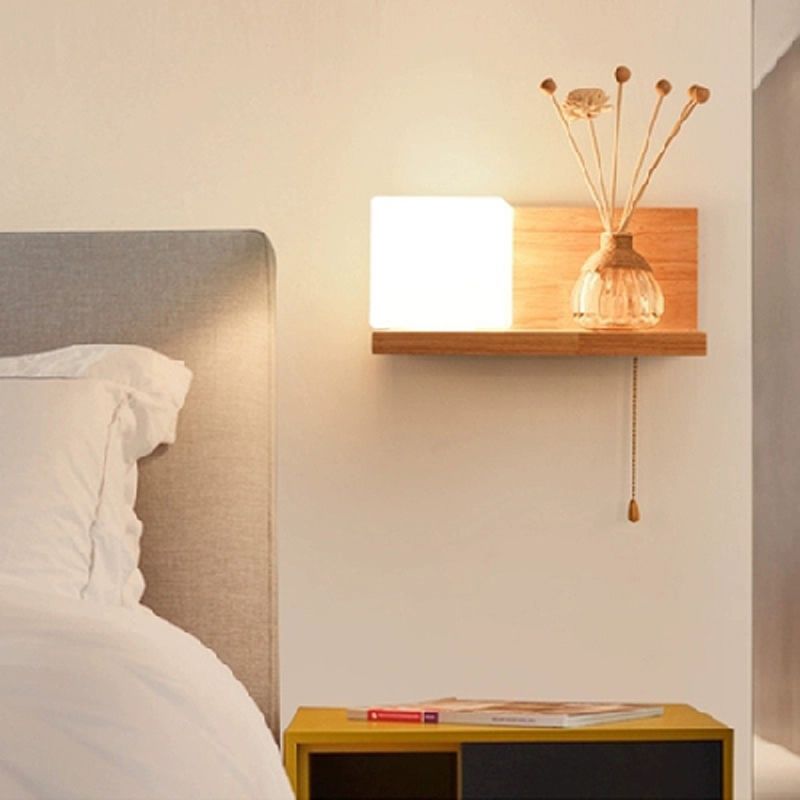 Japanese Wood Wall Light Cube 12" Wide Wall Sconce with Pull Switch for Bedroom