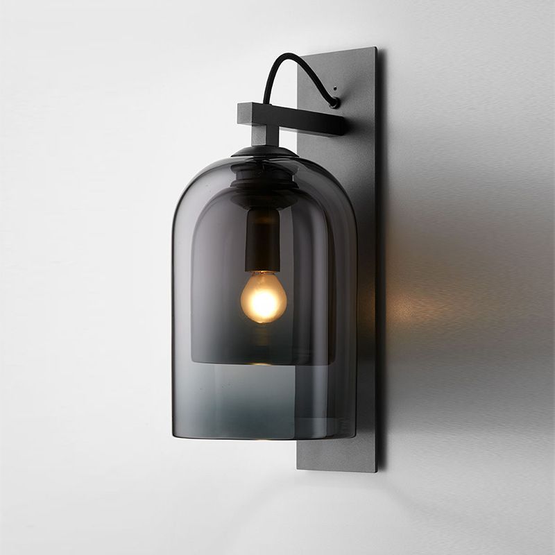 1 Bulb Living Room Sconce Fixture Mid-Century Black Wall Light with Dual Dome Glass Shade
