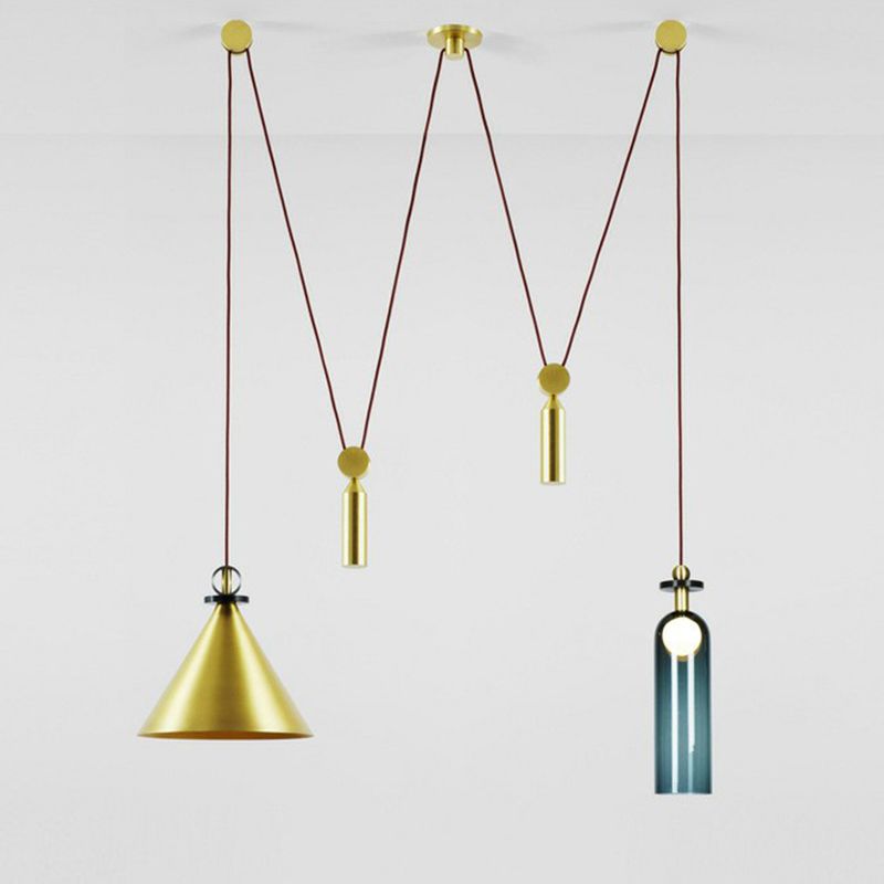 Designer 2-Head Swag Pendant Cone and Elongated Dome Hanging Light with Metal Shade
