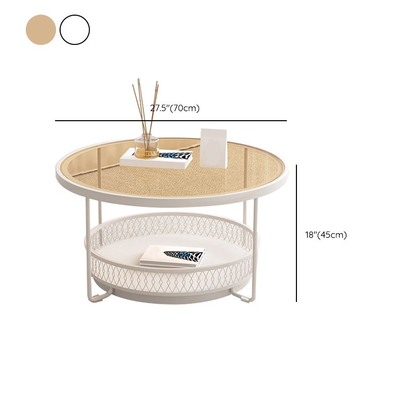 Iron 4 Legs Cocktail Table Round Glass Top Coffee Table with Shelf