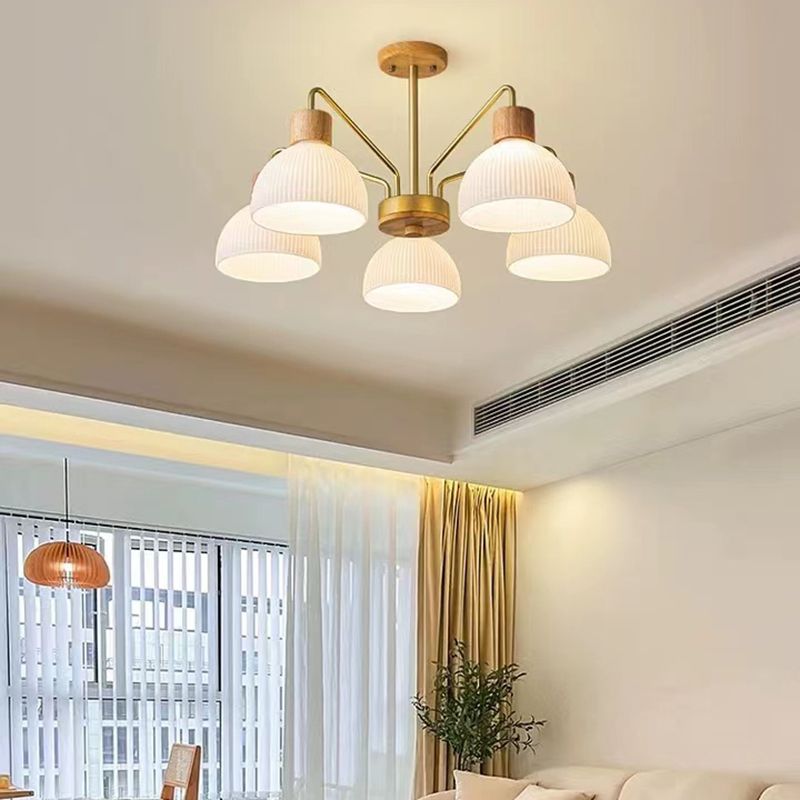 Modern Wood Flush Mount Dome Shape Ceiling Light with Glass Shade for Living Room