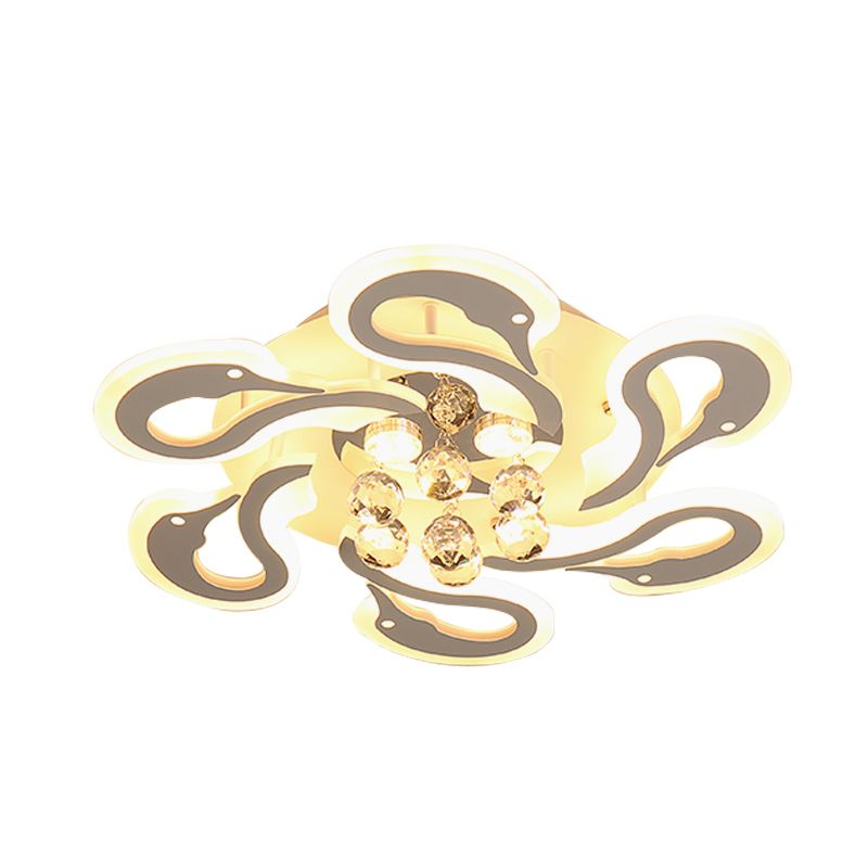 Zwaanvorm Semi Mount Lighting Moderne Acryl 6 koppen witte afwerking LED spoelplafondlamp met kristaldruppel