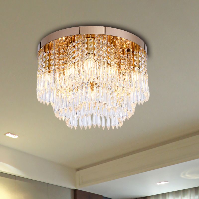 Crystal Waterfall Flush Lamp Modernist 10-Light Living Room Ceiling Flush Mount in Rose Gold