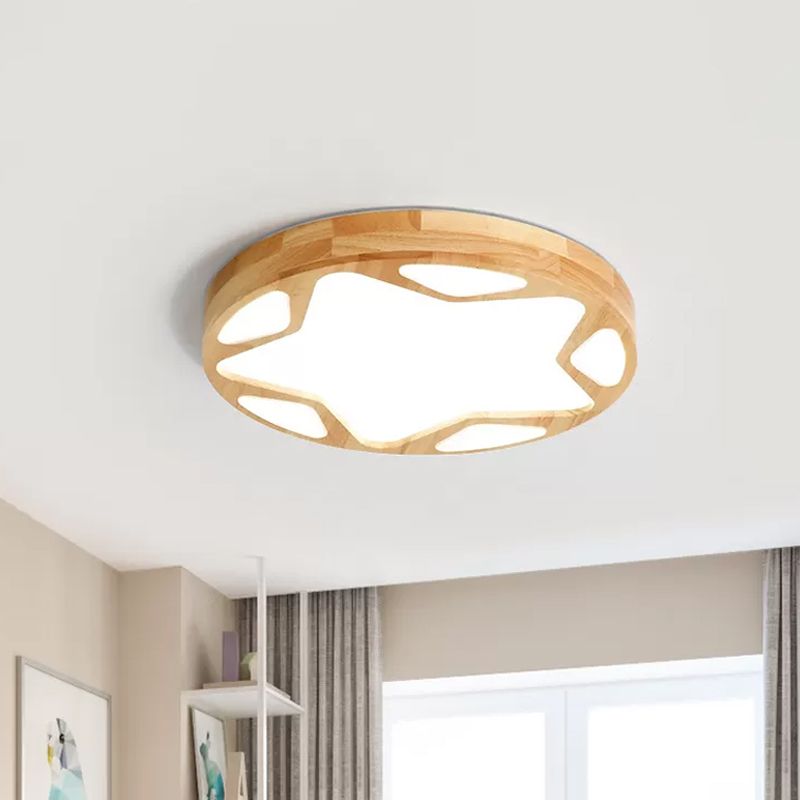 16"/19.5" W Round Ceiling Lighting Minimalist Wood LED Beige Flush Lamp with Star Design in Warm/White/Natural Light