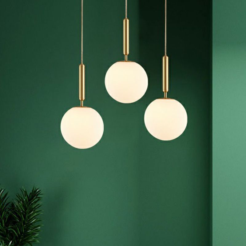 Ball Dining Room Pendulum Light White Glass 1-Head Simple Pendant Lighting in Brass