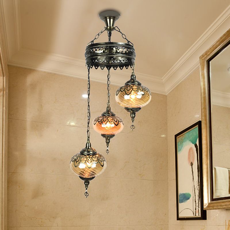 3/5 Heads Amber Swirl Glass Pendant Light Traditional Bronze Oval Living Room Hanging Chandelier