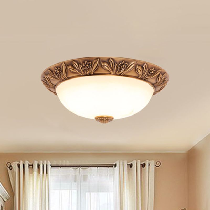 Cream Glass Bronze Flush Mount Light Flower/Leaf/Floral-Trimmed Bowl Traditional LED Ceiling Light Fixture, 12"/16" W
