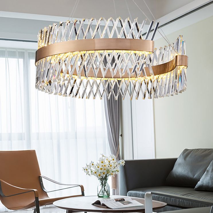 Simple Geometric Chandelier K9 Strip Crystal Dining Room LED Suspension Lighting in Rose Gold