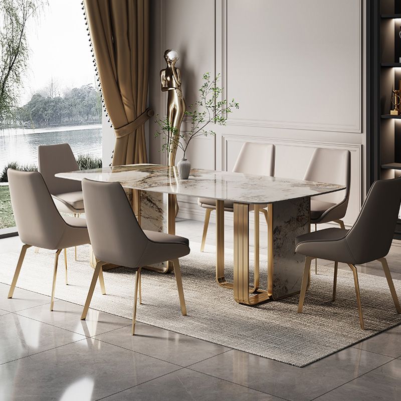 Luxury Style Sintered Stone Dining Table Double Pedestal Base Rectangle Table