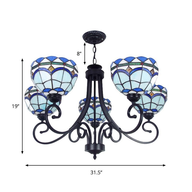 Mediterranean Bowl Pendant Lighting 5 Lights Stained Glass Hanging Ceiling Light in Blue