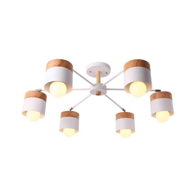 White Finish 6 Bulbs Ceiling Mount Chandelier Nordic Wood and Metal Cylinder Semi Flush Pendant Light