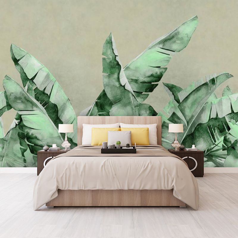 Green Contemporary Mural Wallpaper Full Size Banana Leaf Wall Decor for Commercial Use