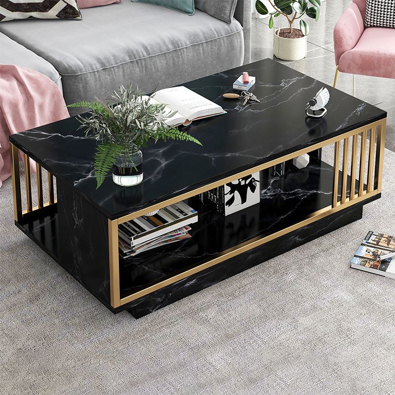 Modern Metal Marble Coffee Table Rectangle Cocktail Table with Shelf