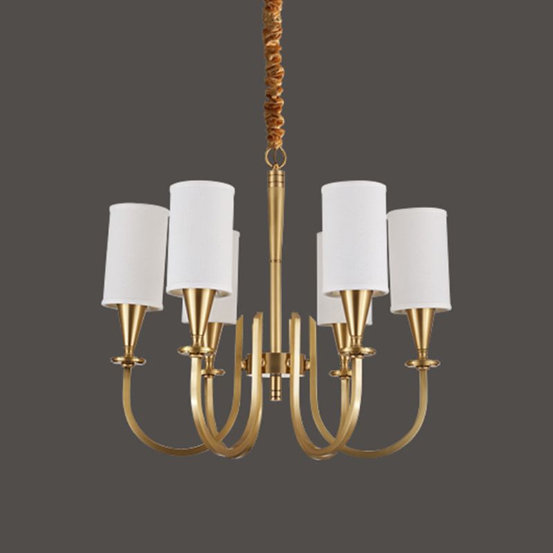 American Rustic Style Copper Chandelier Multi-lights Cylindrical Fabric Shade Hanging Light in Gold