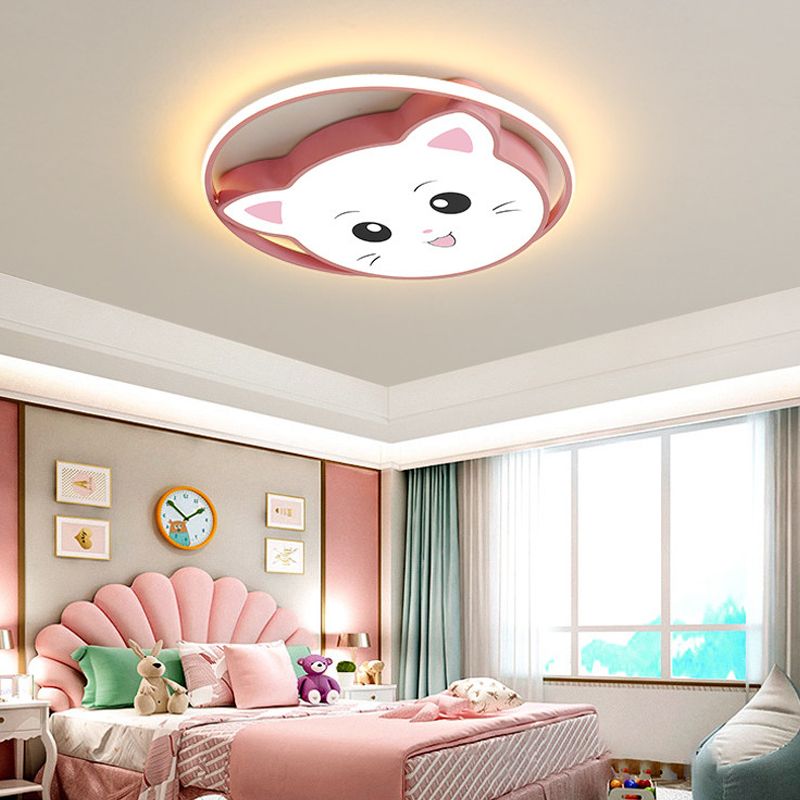 Cartoon Style Cat/Rabbit Flush Mount Lighting Metal LED Bedroom Flush Pendant Light with Acrylic Shade in Pink