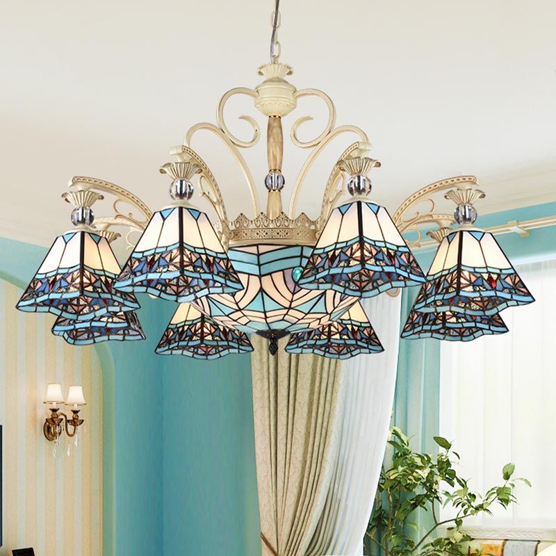 Luminaire lustre bleu en verre tachée Pyramide 11 lumières Baroque Plafon
