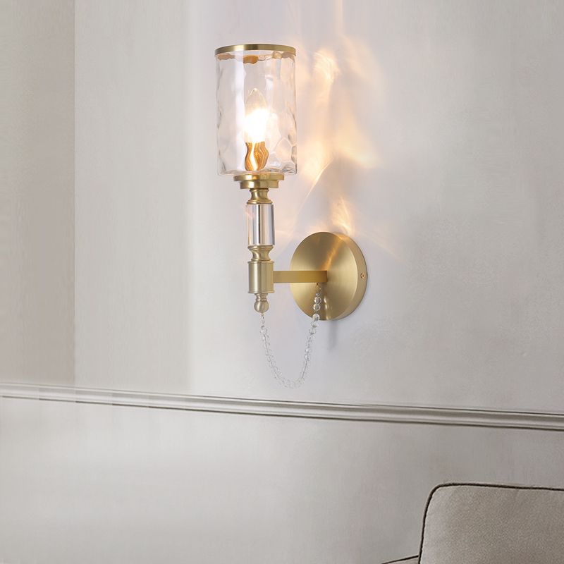 Cylinder Wall Light Postmodern Water Glass 1/2 Lights Brass Sconce Light with Crystal Strand Accent
