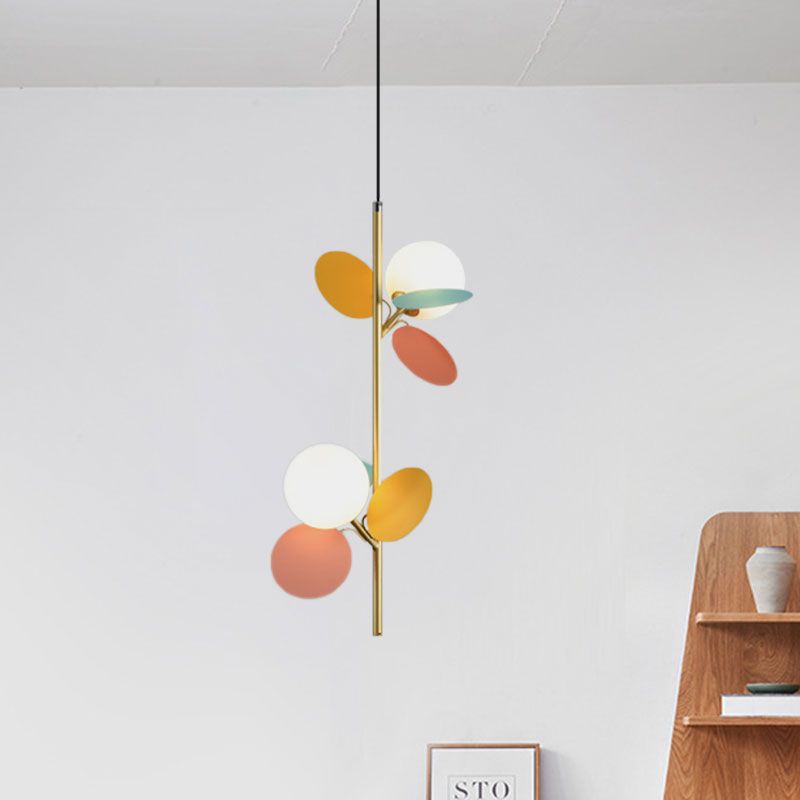 Kids Sphere Chandelier Lighting Frosted Glass 2 Heads Bedside Branch Hanging Lamp in Grey/White/Yellow and Pink