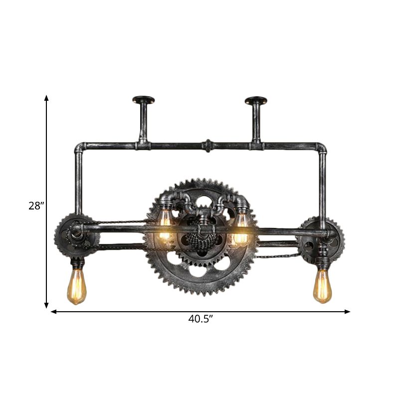 Silver Gray Open Island Light Fixture Coastal Metal 6-Light Dining Room Hanging Lamp with Gear Design