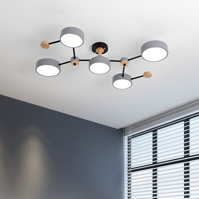 White/Grey Round Shade Ceiling Lamp Nordic 5 Bulbs Iron Semi Flush Mount Fixture with Vine Design