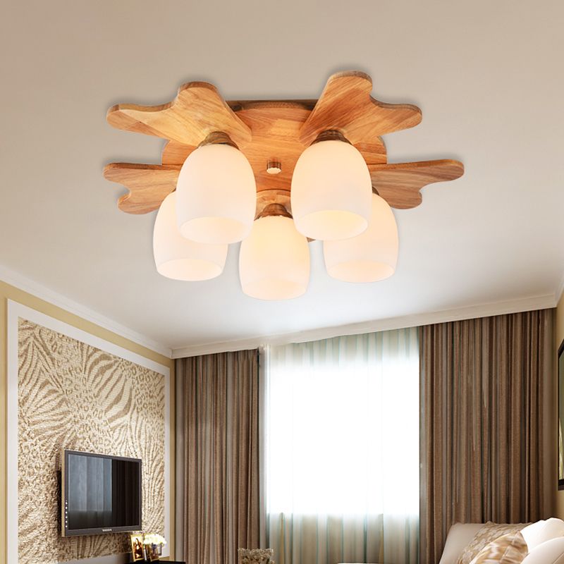 Cream Glass Bell Flush Ceiling Light Nordic 1/5/7-Head Semi Mount Lighting with Antler Top in Wood