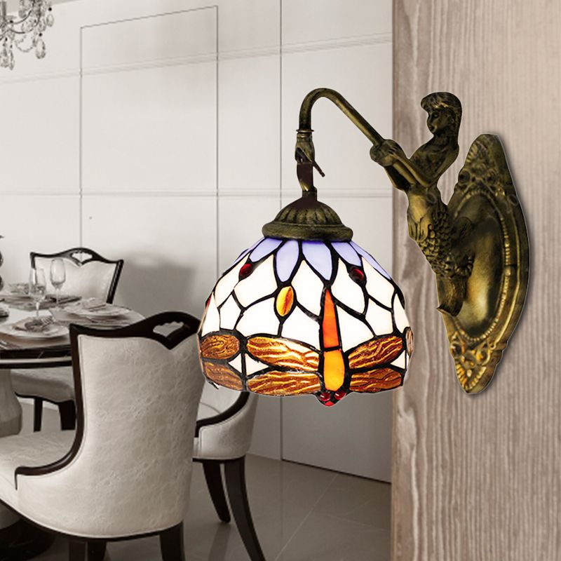 Antique Brass Dragonfly Sconce Lighting Tiffany 1 Head White Glass Wall Mounted Light