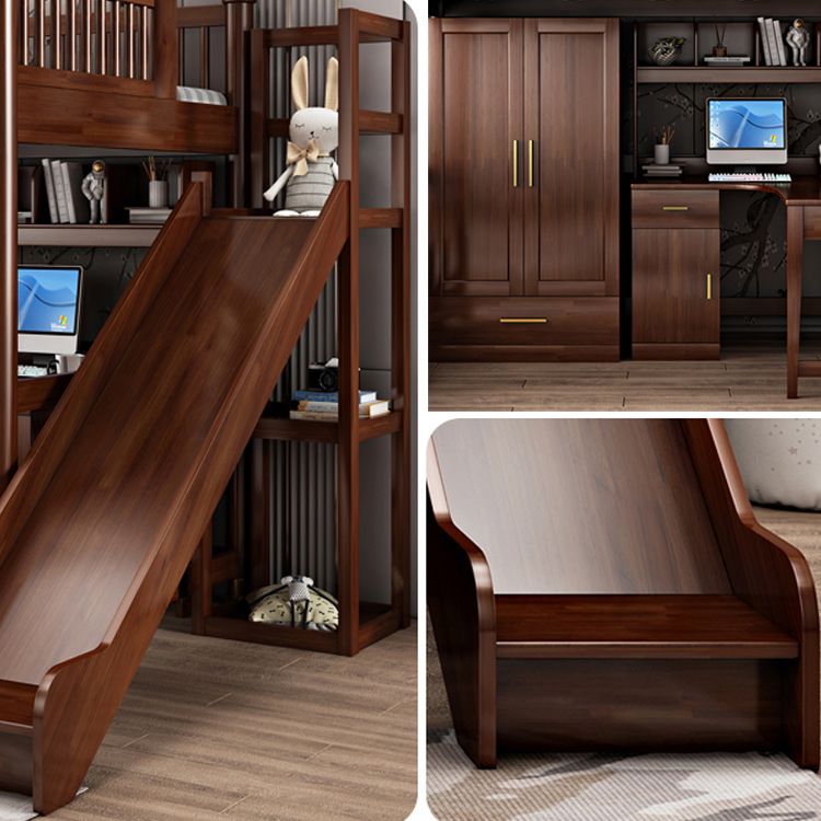 Solid Wood Loft Bed with Storage Scandinavian Brown Kids Bed with Open Frame