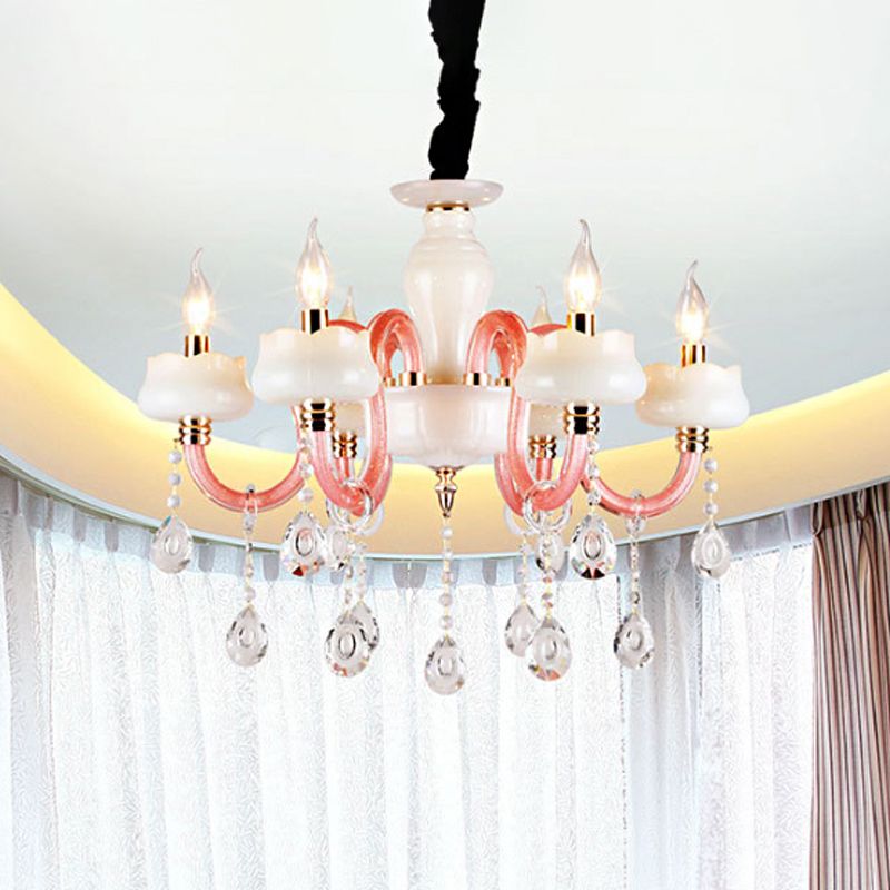 Lámpara colgante de cristal de vela retro de araña colgante de 6 luces en blanco y rosa para dormitorio