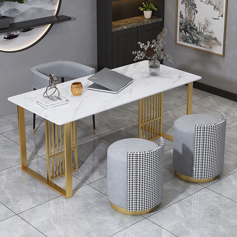 Glam Stone Dining Table Rectangle Iron Table with Golden Double Pedestal Table