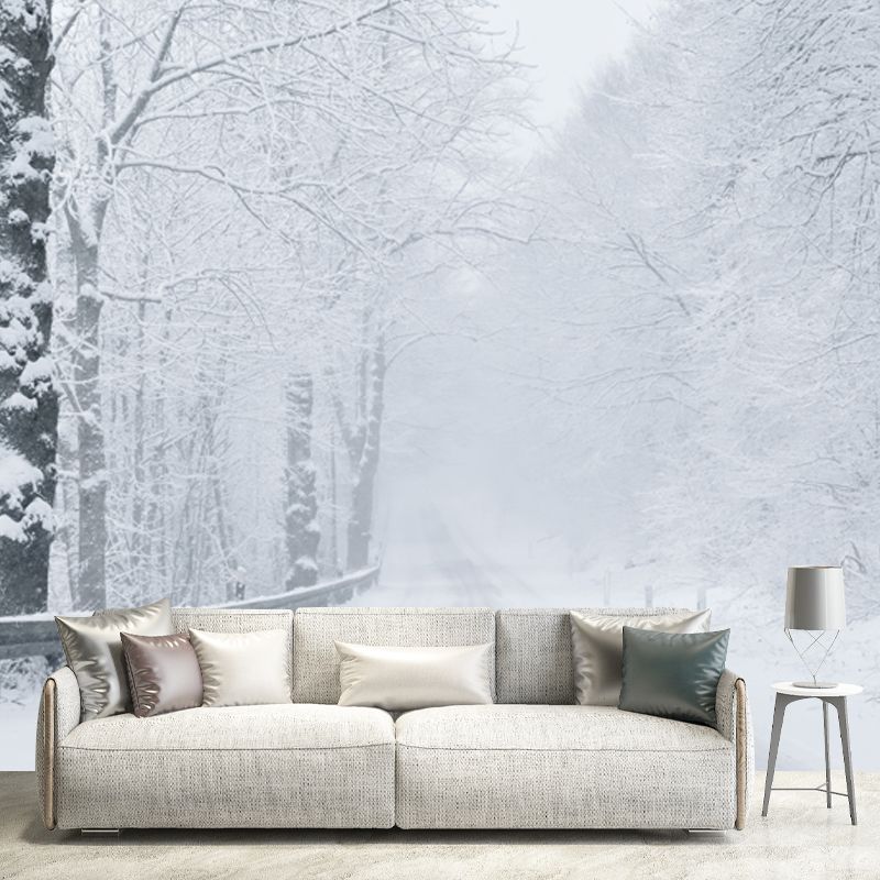 Misty Winter Roadside Forest Mural in White Modernism Wall Decoration for Bedroom