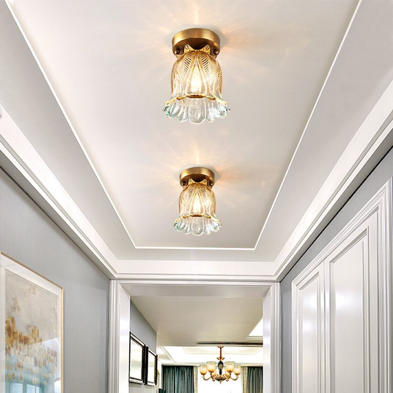 Single Light Flush Mount Lighting Farmhouse Flower Lattice Clear Glass Ceiling Lamp Fixture in Brass