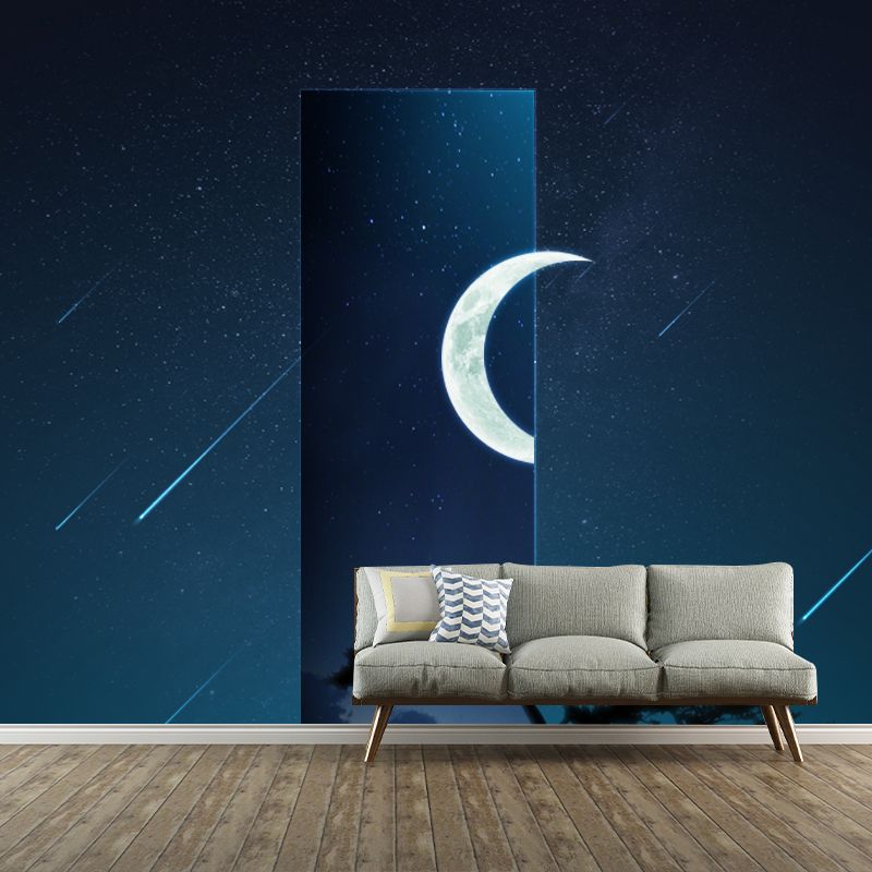 Fictional Meteor Night Sky Mural for Bedroom Full Size Wall Covering in Blue-White